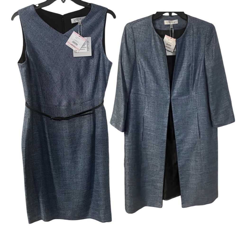 NWT Kasper Women Petite Suit Set Blue‎ Black Tweed Dress & Matching Jacket 10P